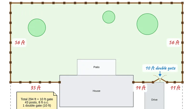 A fence layout drawn in Lekh on a yard plan, with posts, a double gate and each run's length written on