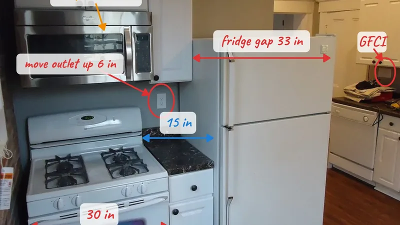 A photo of a kitchen wall marked up in Lekh with arrows, circled outlets and handwritten sizes