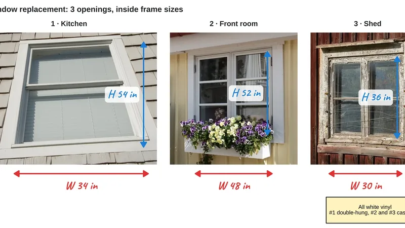 A Lekh board with photos of three windows, each with width and height written beside arrows