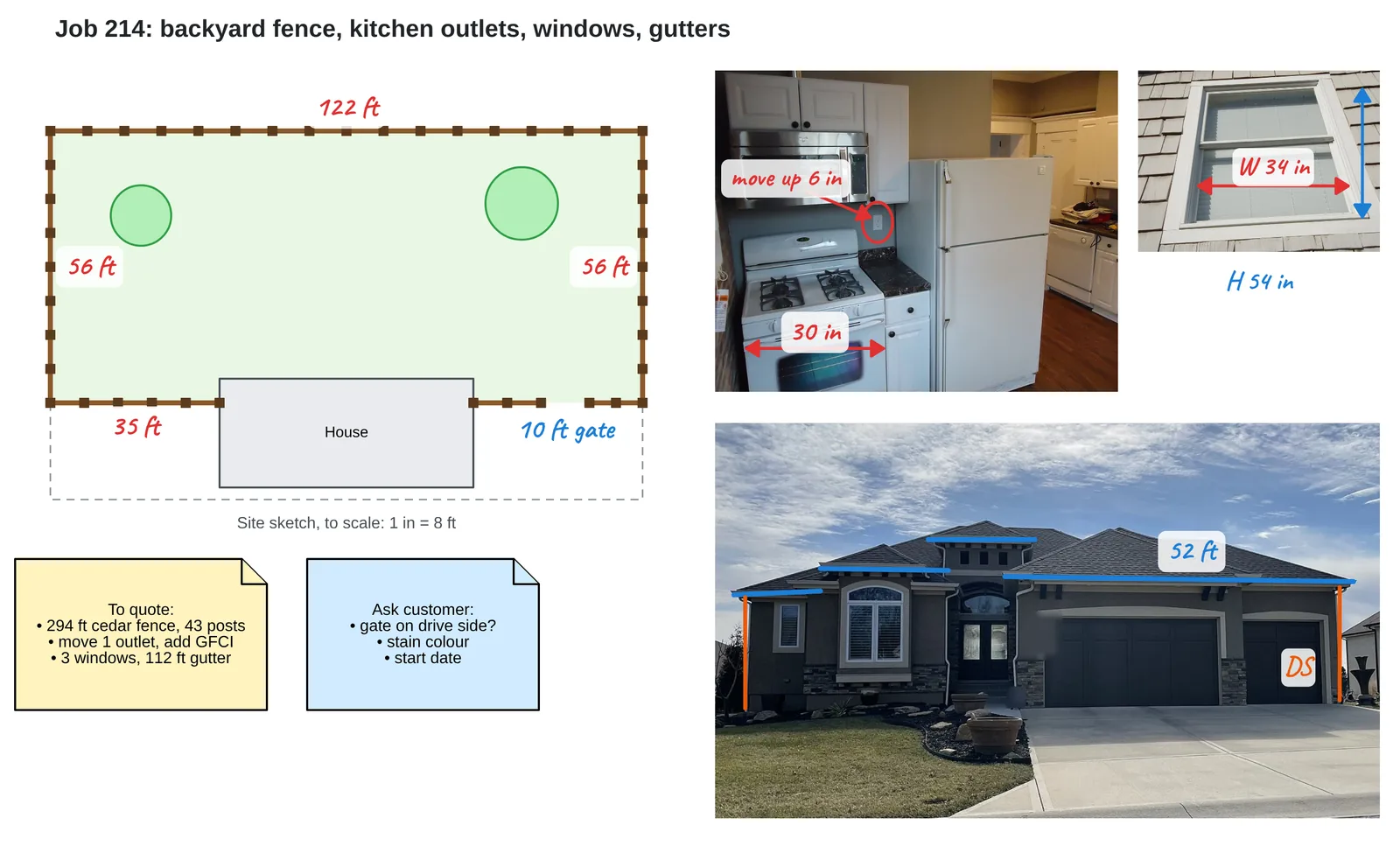 A Lekh board for one job: a sketched site layout to scale, three marked-up photos and notes