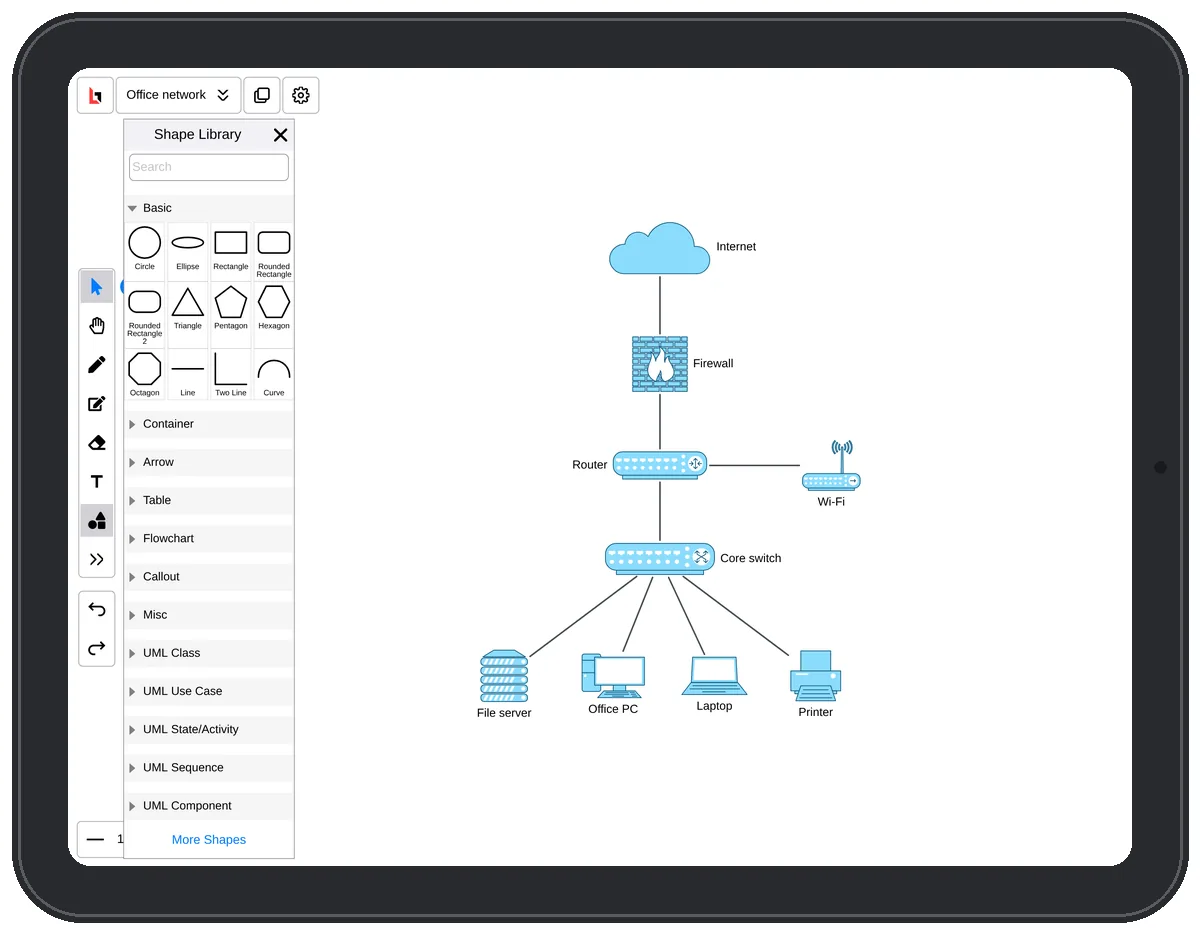The Lekh shape library open on iPad beside a network diagram