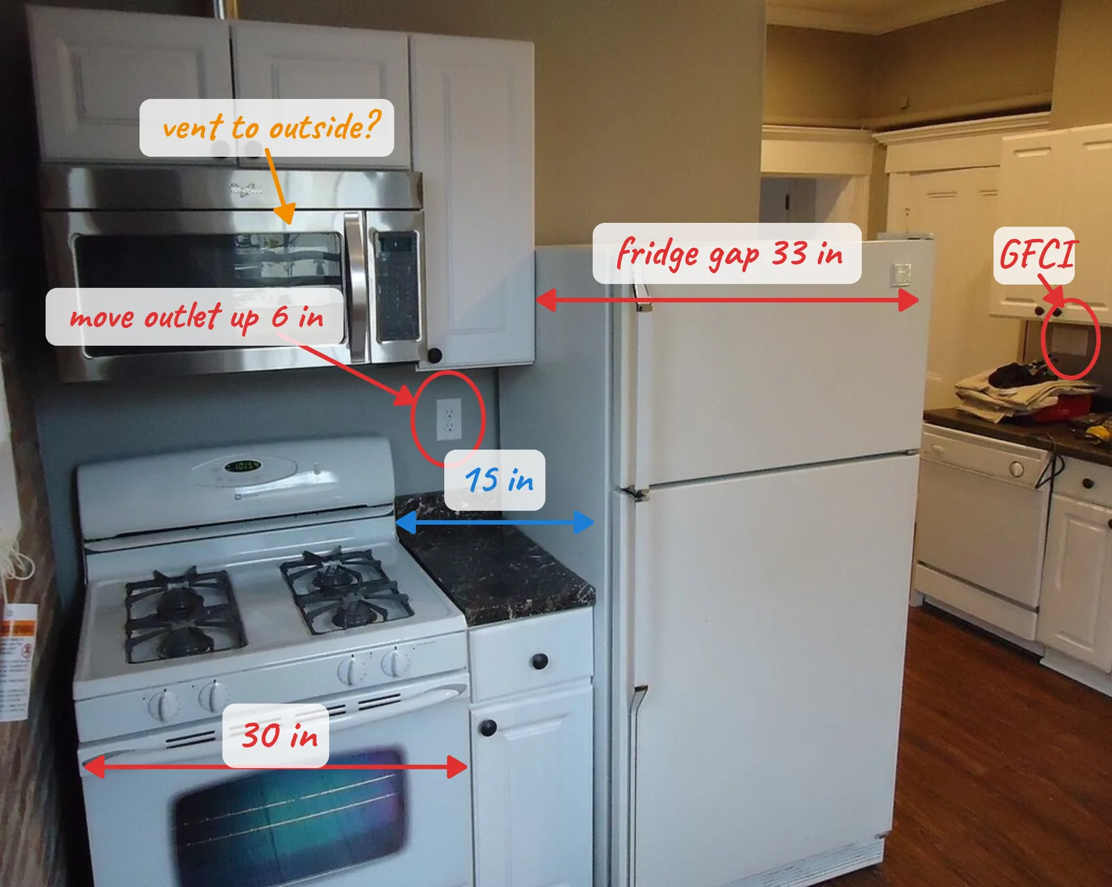 A photo of a kitchen wall marked up in Lekh with arrows, circled outlets and handwritten sizes A photo of a kitchen wall marked up in Lekh with arrows, circled outlets and handwritten sizes