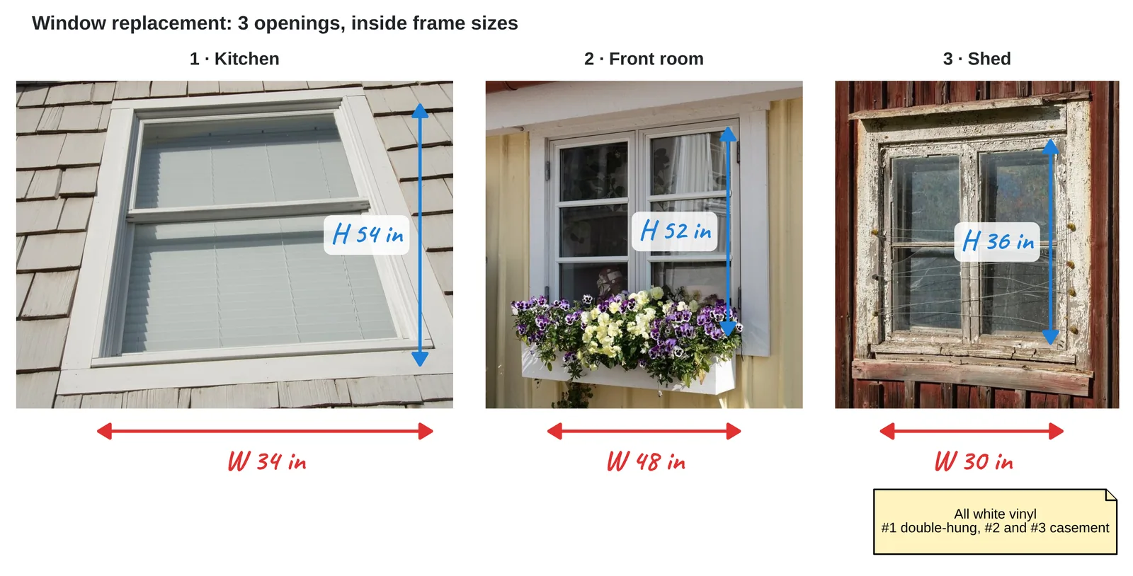 A Lekh board with photos of three windows, each with width and height written beside arrows A Lekh board with photos of three windows, each with width and height written beside arrows